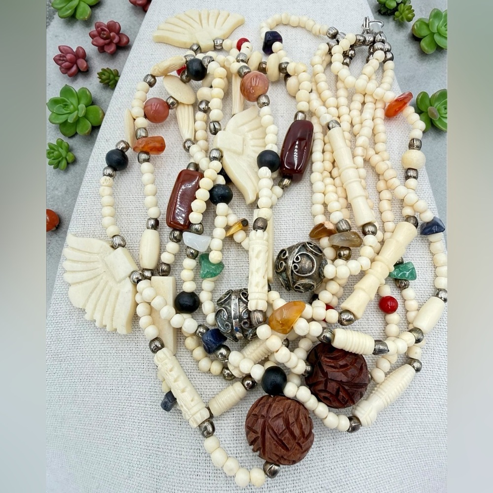 VTG 4 Strand Carved Bone Bead Necklace Jasper Carnelian Sodalite Agate Boho 24” - Picture 15 of 17